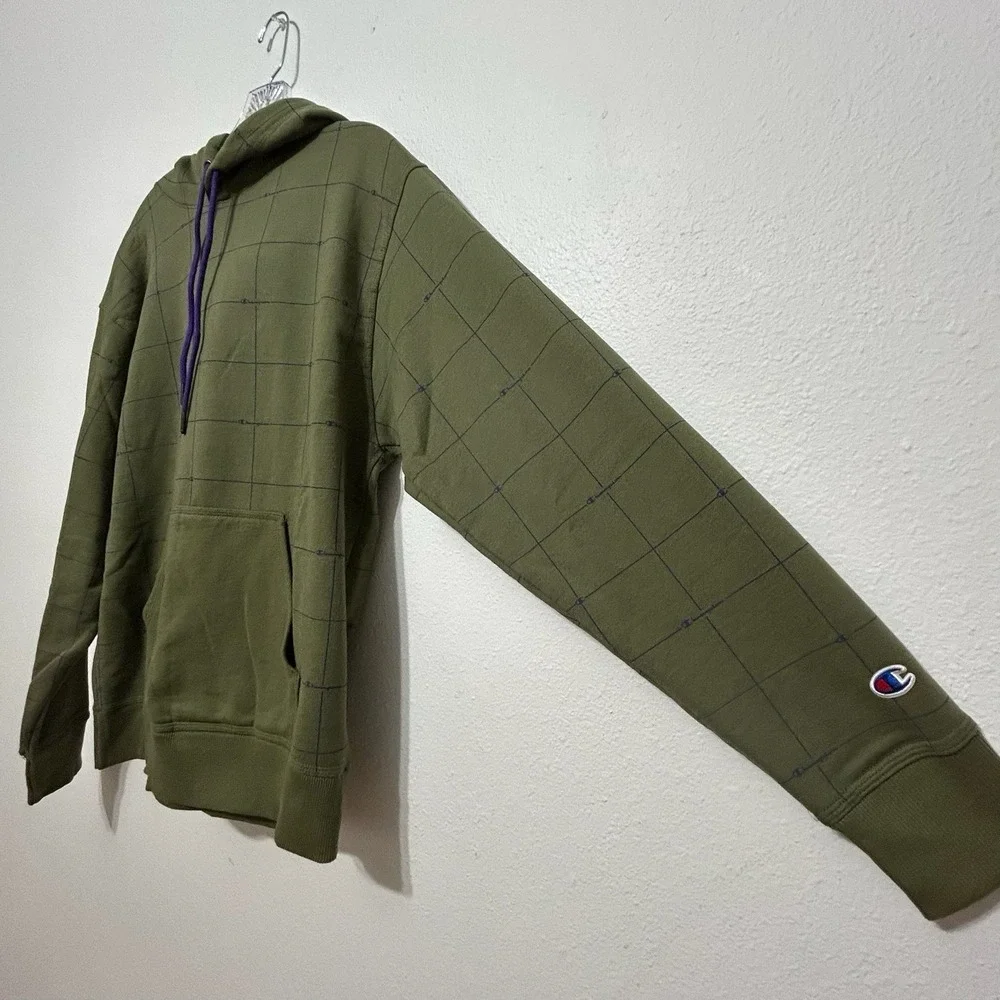 Champion Green and‎ Purple Plaid Power Blend Hoodie Pullover Mens Size M Grunge